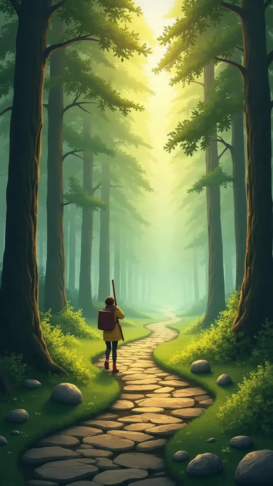 A traveller on a stone trail through a quiet woodland glade in Mellow Trail