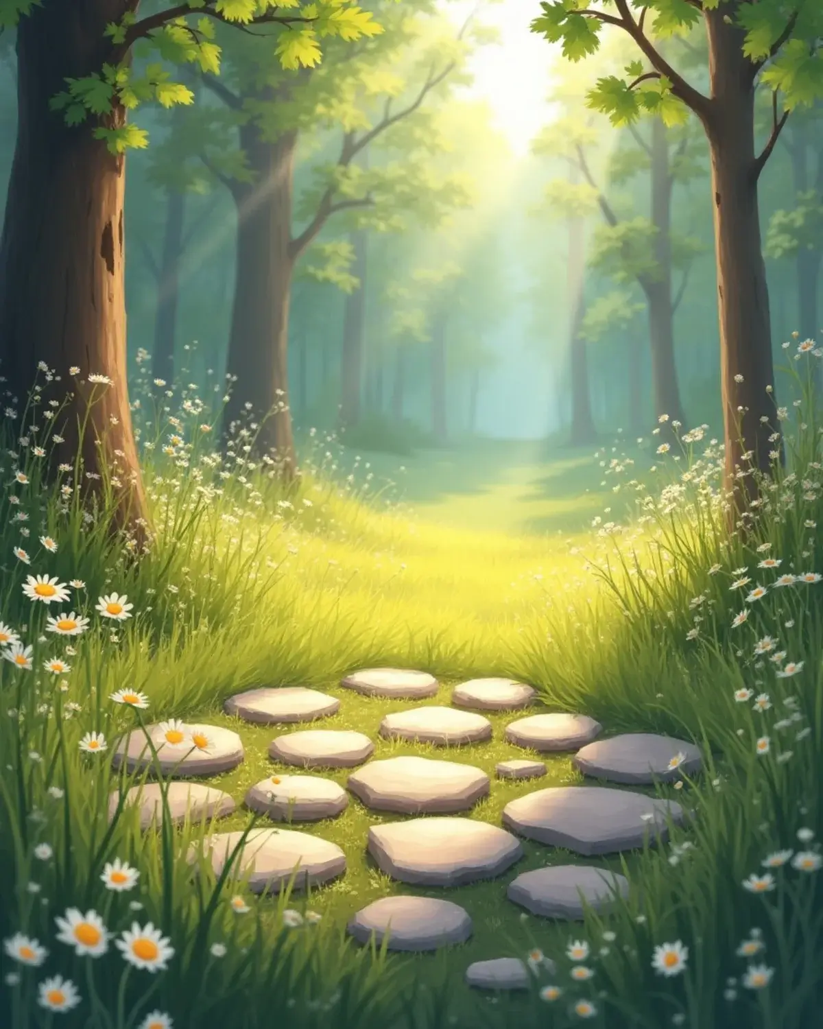 A circle of smooth river stones resting in a sun-dappled meadow