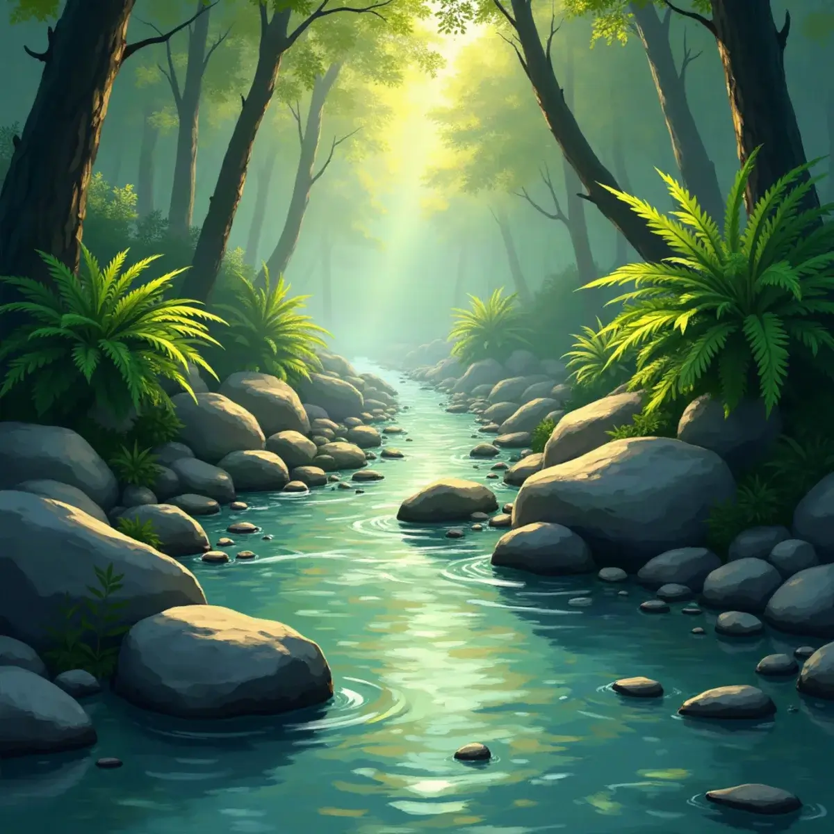 A clear forest stream running over pebbles between ferns